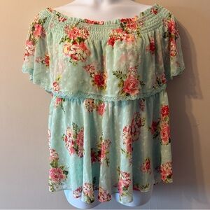Torrid Swiss Dot Off-Shoulder Mint Green Pink Roses Floral Top Size 3